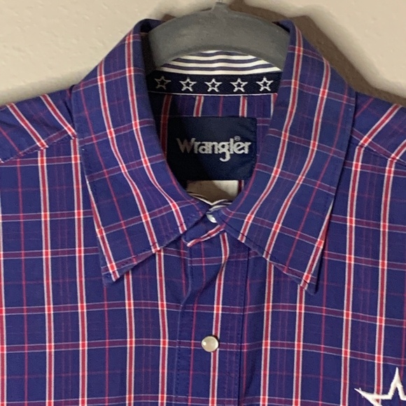 Wrangler Pearl Snap Shirt Med-Large National Patriot Logo Blue Plaid Rodeo Star - Picture 5 of 12